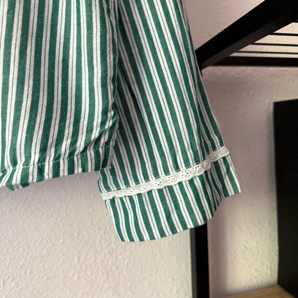 RACHEL ASHWELL green white striped cotton sailor Peter Pan cottage prairie top - Picture 2 of 7